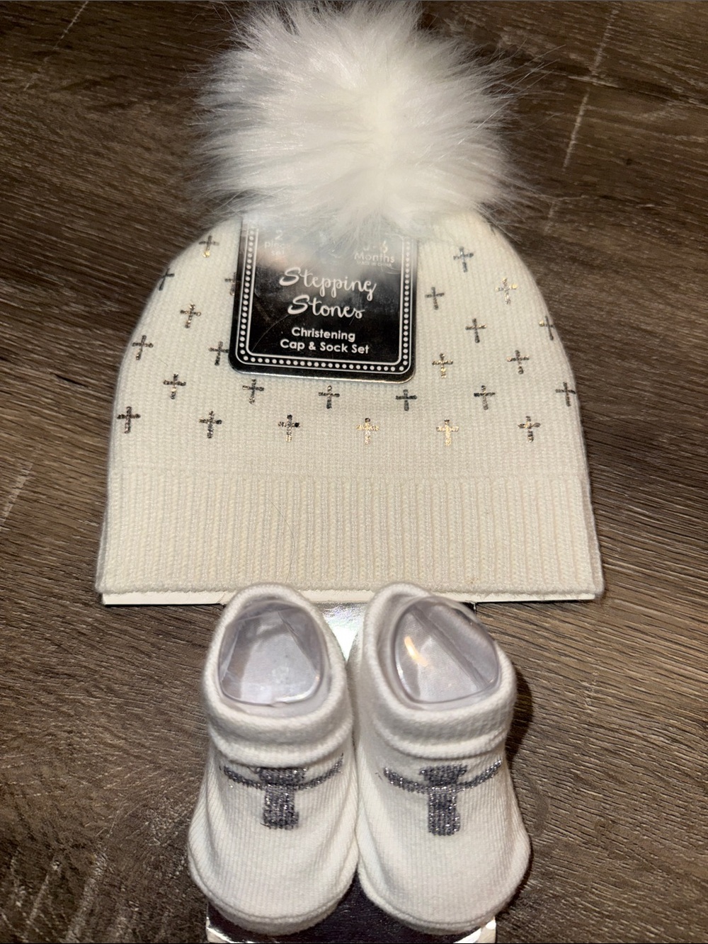 Stepping Stones Cream Christening Hat & Sock Set with Cross Details